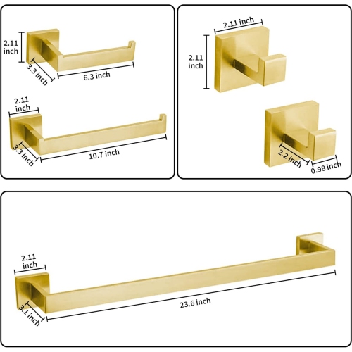 5-Pieces Brushed Gold Square Bathroom Hardware Set, Includes 24 Inch Towel Bar, Hand Towel Holder, Toilet Paper Holder, 2 Towel Hooks, Wall Mounted