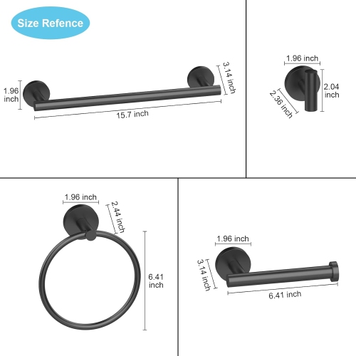 5-Pieces Matte Black Square Bathroom Hardware Set, Includes 16 Inch Towel Bar, Towel Ring, Toilet Paper Holder, 2 Towel Hooks, Wall Mounted