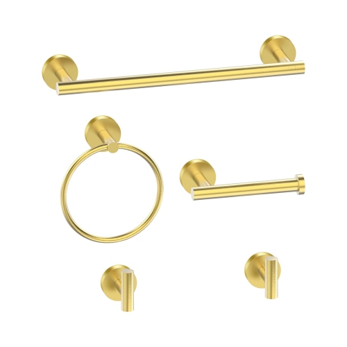 5-Pieces Brushed Gold Square Bathroom Hardware Set, Includes 16 Inch Towel Bar, Towel Ring, Toilet Paper Holder, 2 Towel Hooks, Wall Mounted