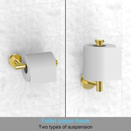 5-Pieces Brushed Gold Square Bathroom Hardware Set, Includes 16 Inch Towel Bar, Towel Ring, Toilet Paper Holder, 2 Towel Hooks, Wall Mounted