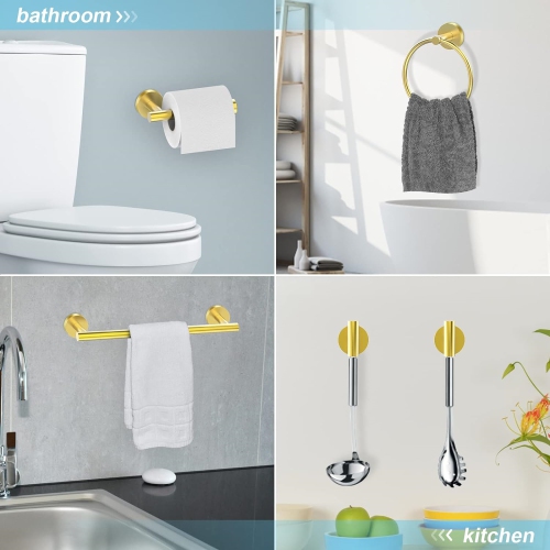 5-Pieces Brushed Gold Square Bathroom Hardware Set, Includes 16 Inch Towel Bar, Towel Ring, Toilet Paper Holder, 2 Towel Hooks, Wall Mounted