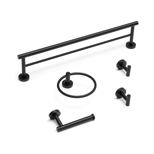 5-Pieces Matte Black Bathroom Hardware Set, Includes 23.6 Inch Double-Layer Towel Bar, Towel Ring, Toilet Paper Holder, 2 Towel Hooks, Wall Mounted