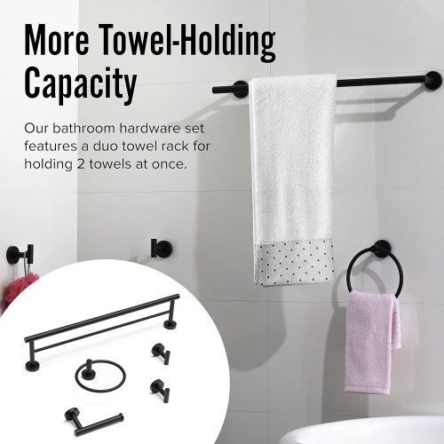5-Pieces Matte Black Bathroom Hardware Set, Includes 23.6 Inch Double-Layer Towel Bar, Towel Ring, Toilet Paper Holder, 2 Towel Hooks, Wall Mounted