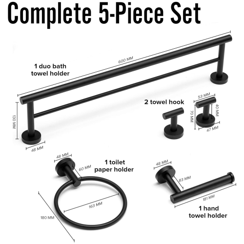 5-Pieces Matte Black Bathroom Hardware Set, Includes 23.6 Inch Double-Layer Towel Bar, Towel Ring, Toilet Paper Holder, 2 Towel Hooks, Wall Mounted