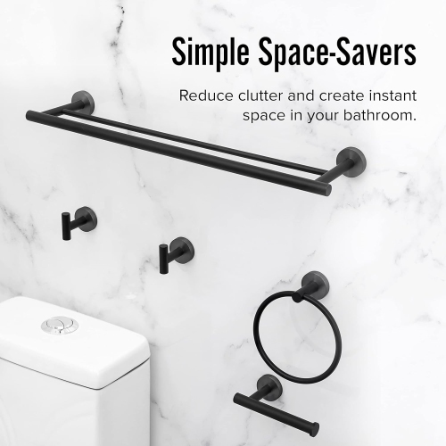 5-Pieces Matte Black Bathroom Hardware Set, Includes 23.6 Inch Double-Layer Towel Bar, Towel Ring, Toilet Paper Holder, 2 Towel Hooks, Wall Mounted