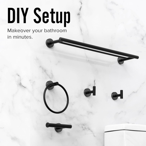5-Pieces Matte Black Bathroom Hardware Set, Includes 23.6 Inch Double-Layer Towel Bar, Towel Ring, Toilet Paper Holder, 2 Towel Hooks, Wall Mounted