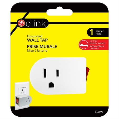 Elink - Grounded Wall Outlet Adapter, Illuminated Power Switch, White