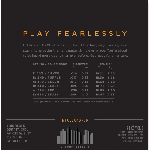 Cordes de guitare électrique NYXL d'Addario - 10-46 ensembles de 3 lumières ordinaires