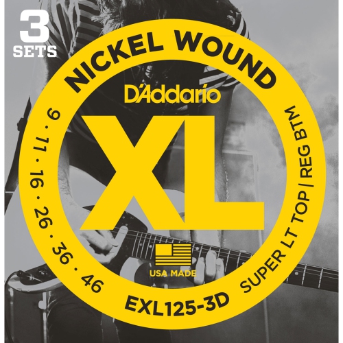 Cordes de guitare électrique bobinées en nickel EXL125-3D XL d'Addario - Ensemble de 9-46 3 haut très léger/bas régulier