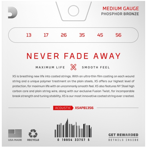 Cordes de guitare acoustique en bronze phosphoreux XS d'Addario - moyen 13-56