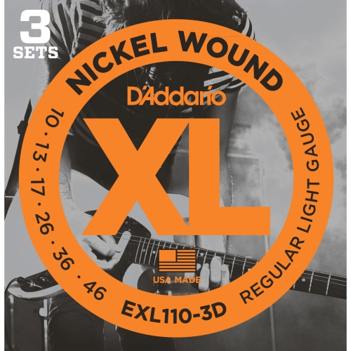 Cordes de guitare électrique bobinées en nickel EXL110 XL d'Addario - jeu de 10-46 3 lumières ordinaires