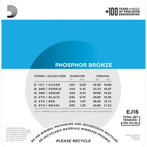 Cordes de guitare acoustique légères en bronze phosphoreux EJ16 d'Addario - 12-53 lumière
