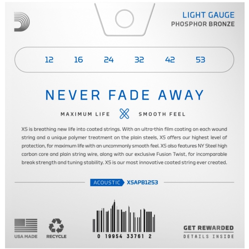 Cordes de guitare acoustique en bronze phosphoreux XS d'Addario - Light 12-53