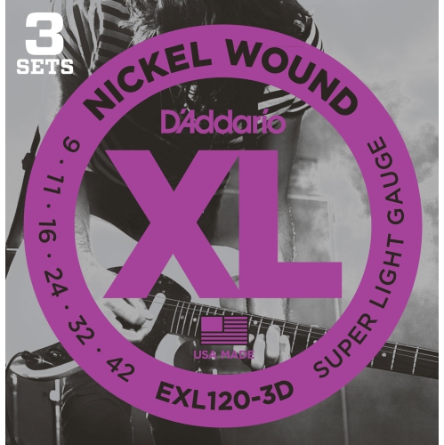 D'Addario EXL120-3D XL Nickel Wound Electric Guitar Strings - Super Light 9-42 3 Pack