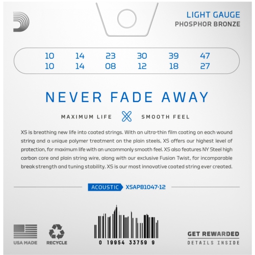Cordes de guitare acoustique à 12 cordes en bronze phosphoreux XS d'Addario - Light 10-47