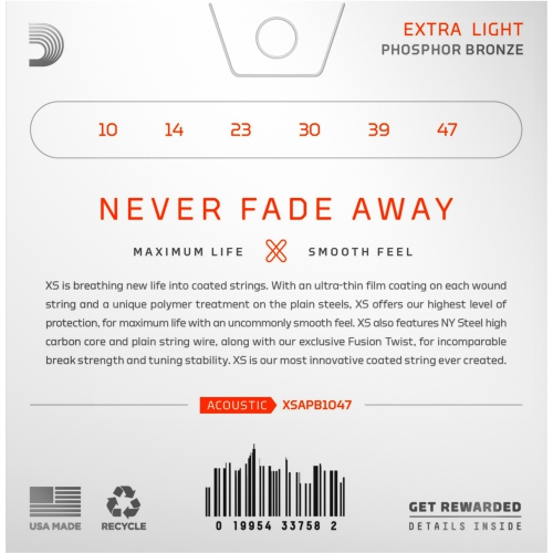 Cordes de guitare acoustique en bronze phosphoreux XS d'Addario - très léger 10-47