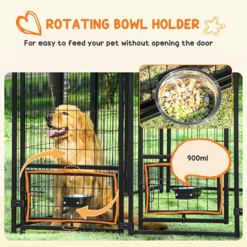 PawHut Outdoor Dog Kennel, Run, Large Wire Steel Fence, Lockable Pet Playpen Enclosure, with Water-, UV-Resistant Canopy Top, Door, Rotating Bowl