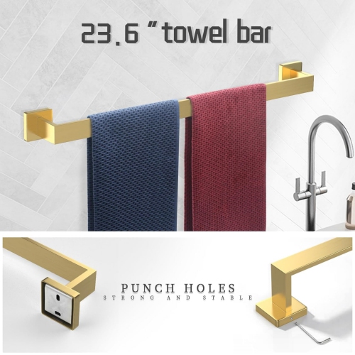 7 Pieces Square Brushed Gold Bathroom Hardware Set, Includes 23.6" Towel Bar, Hand Towel Holder, Toilet Paper Holder, 4 Towel Hook, Stainless Steel,