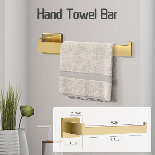 7 Pieces Square Brushed Gold Bathroom Hardware Set, Includes 23.6" Towel Bar, Hand Towel Holder, Toilet Paper Holder, 4 Towel Hook, Stainless Steel,