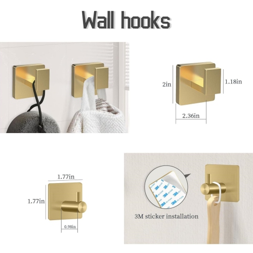 7 Pieces Square Brushed Gold Bathroom Hardware Set, Includes 23.6" Towel Bar, Hand Towel Holder, Toilet Paper Holder, 4 Towel Hook, Stainless Steel,