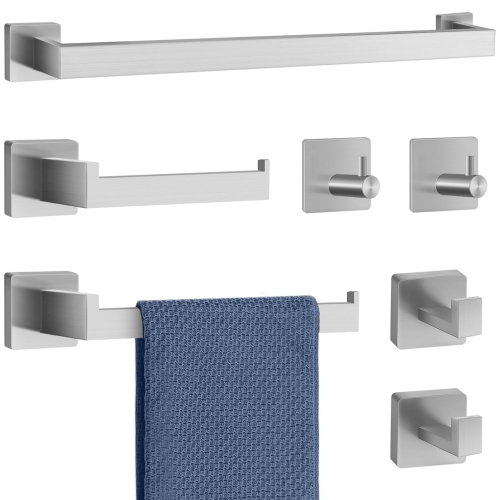 7 Pieces Square Brushed Nickel Bathroom Hardware Set, Includes 23.6" Towel Bar, Hand Towel Holder, Toilet Paper Holder, 4 Towel Hook, Stainless