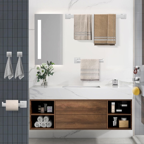 7 Pieces Square Brushed Nickel Bathroom Hardware Set, Includes 23.6" Towel Bar, Hand Towel Holder, Toilet Paper Holder, 4 Towel Hook, Stainless