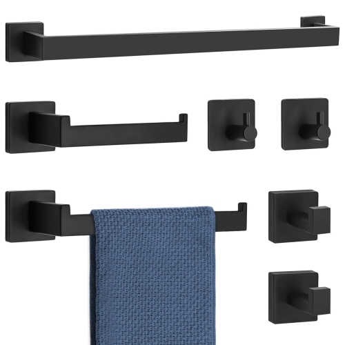 7 Pieces Square Matte Black Bathroom Hardware Set, Includes 23.6" Towel Bar, Hand Towel Holder, Toilet Paper Holder, 4 Towel Hook, Stainless Steel,