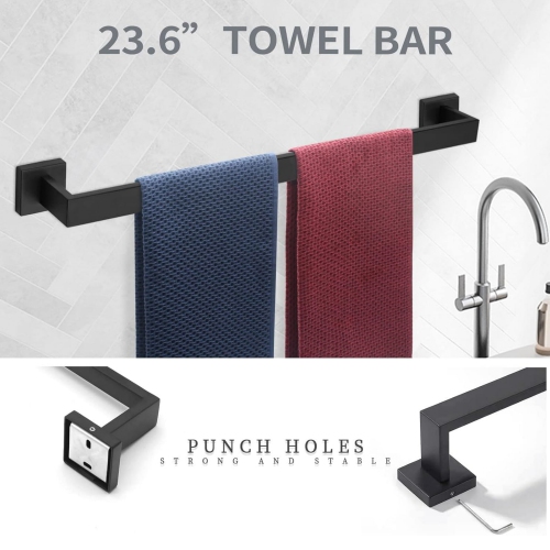 7 Pieces Square Matte Black Bathroom Hardware Set, Includes 23.6" Towel Bar, Hand Towel Holder, Toilet Paper Holder, 4 Towel Hook, Stainless Steel,