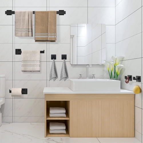 7 Pieces Square Matte Black Bathroom Hardware Set, Includes 23.6" Towel Bar, Hand Towel Holder, Toilet Paper Holder, 4 Towel Hook, Stainless Steel,