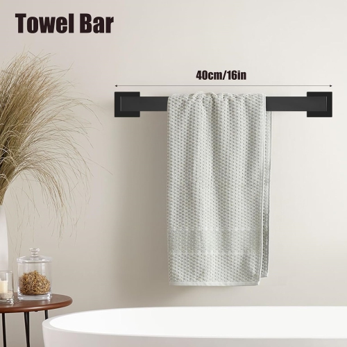 7 Pieces Square Matte Black Bathroom Hardware Set, Includes 15.7" Towel Bar, Towel Ring, Toilet Paper Holder, 4 Towel Hook, Stainless Steel, Wall
