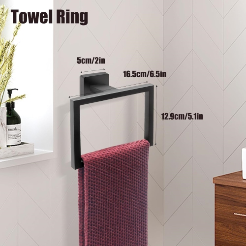 7 Pieces Square Matte Black Bathroom Hardware Set, Includes 15.7" Towel Bar, Towel Ring, Toilet Paper Holder, 4 Towel Hook, Stainless Steel, Wall