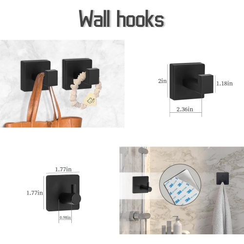 7 Pieces Square Matte Black Bathroom Hardware Set, Includes 15.7" Towel Bar, Towel Ring, Toilet Paper Holder, 4 Towel Hook, Stainless Steel, Wall