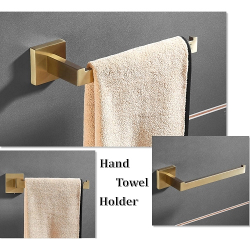 3 Pieces Square Brushed Gold Bathroom Hardware Set, Includes Hand Towel Holder, Toilet Paper Holder, Towel Hook, Stainless Steel, Wall Mounted