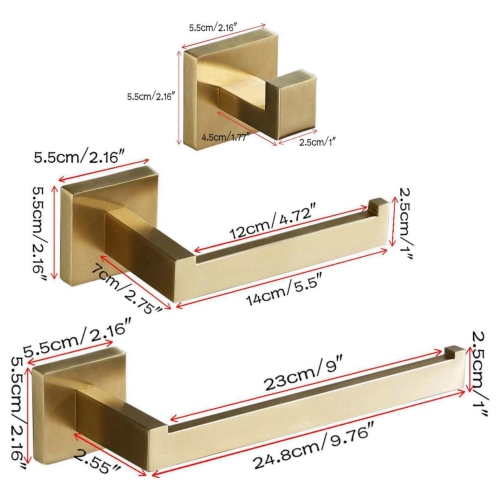 3 Pieces Square Brushed Gold Bathroom Hardware Set, Includes Hand Towel Holder, Toilet Paper Holder, Towel Hook, Stainless Steel, Wall Mounted