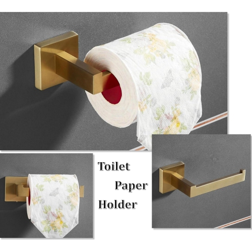 4 Pieces Square Brushed Gold Bathroom Hardware Set, Includes 15.7 Inch Towel Bar, Hand Towel Holder, Toilet Paper Holder, Towel Hook, Stainless