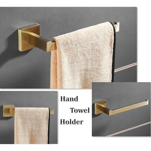 4 Pieces Square Brushed Gold Bathroom Hardware Set, Includes 15.7 Inch Towel Bar, Hand Towel Holder, Toilet Paper Holder, Towel Hook, Stainless