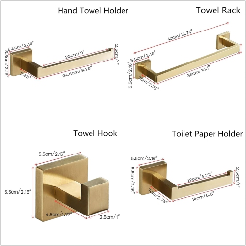 4 Pieces Square Brushed Gold Bathroom Hardware Set, Includes 15.7 Inch Towel Bar, Hand Towel Holder, Toilet Paper Holder, Towel Hook, Stainless