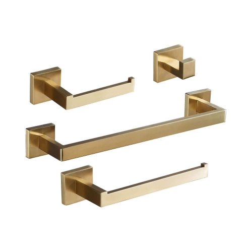 4 Pieces Square Brushed Gold Bathroom Hardware Set, Includes 23.6 Inch Towel Bar, Hand Towel Holder, Toilet Paper Holder, Towel Hook, Stainless