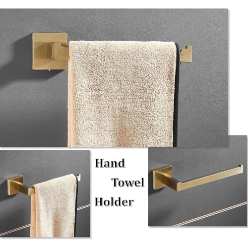 4 Pieces Square Brushed Gold Bathroom Hardware Set, Includes 23.6 Inch Towel Bar, Hand Towel Holder, Toilet Paper Holder, Towel Hook, Stainless