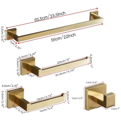 4 Pieces Square Brushed Gold Bathroom Hardware Set, Includes 23.6 Inch Towel Bar, Hand Towel Holder, Toilet Paper Holder, Towel Hook, Stainless