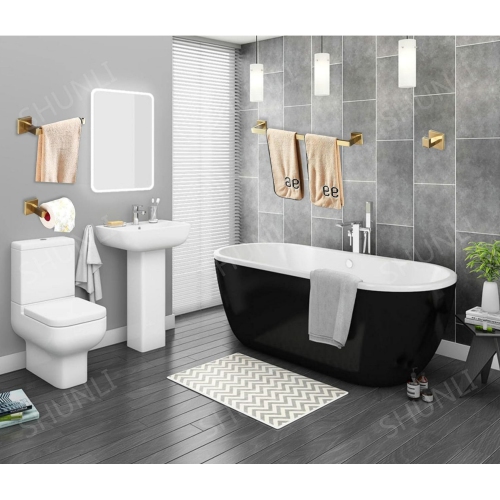 4 Pieces Square Brushed Gold Bathroom Hardware Set, Includes 23.6 Inch Towel Bar, Hand Towel Holder, Toilet Paper Holder, Towel Hook, Stainless