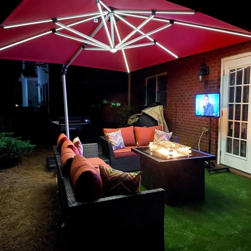 PURPLE LEAF  10Ft Solar Powe Led Square Double Top Patio Umbrella Offset Hanging Umbrella Garden Umbrella, Brick In Red
