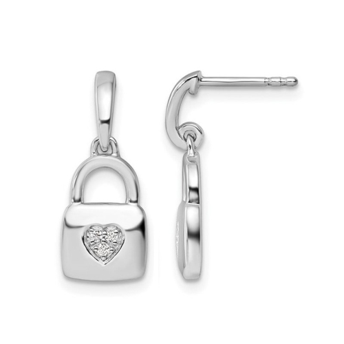 GEM AND HARMONY  Sterling Heart Lock Charm Dangle Post Earrings In Silver
