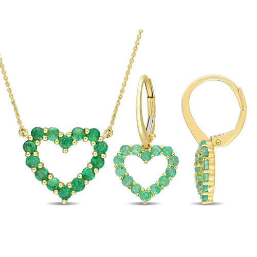 Image 1 of 4.. 1.54 Carat Emerald Heart Pendant Necklace and Earrings in 10K Yellow Gold