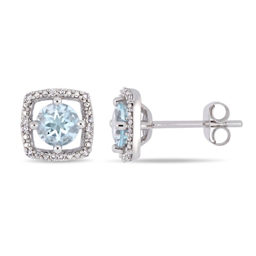 GEM AND HARMONY  4/5 Carat (Ctw) Aquamarine Halo Stud Earrings 10K Gold With Diamonds In White