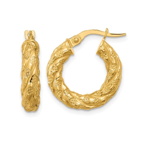 GEM AND HARMONY  14K Gold Polished And Textured Twisted Hoop Earrings In Yellow