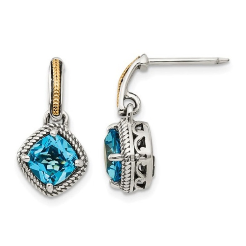2.70 Carat Swiss Blue Topaz Dangle Earrings in Sterling Silver with Yellow Accents