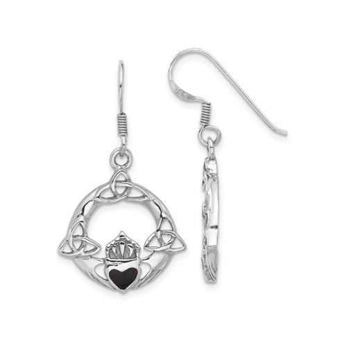 GEM AND HARMONY  Sterling Silver Polished Claddagh Dangle Earrings With Onyx In Black