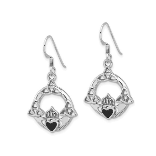 Sterling Silver Polished Claddagh Dangle Earrings with Black Onyx