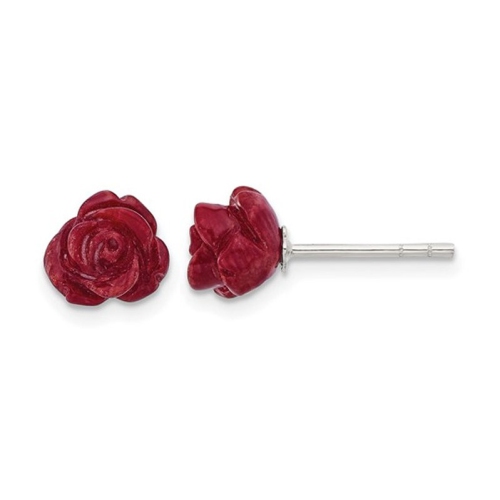 GEM AND HARMONY  Natural Coral Flower Rose Earrings In Sterling Silver In Red